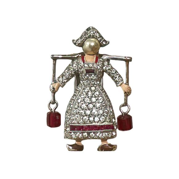 1940s Rhodium White & Red Rhinestones Faux Pearl Dutch Girl Water Carrier Clip